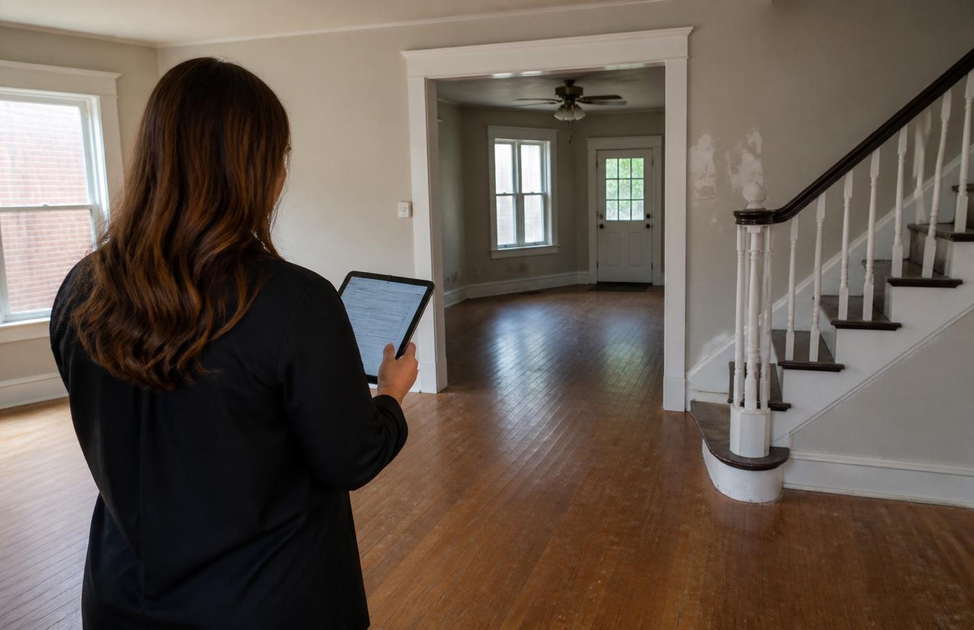 Professional documenting the condition of a vacant residential property