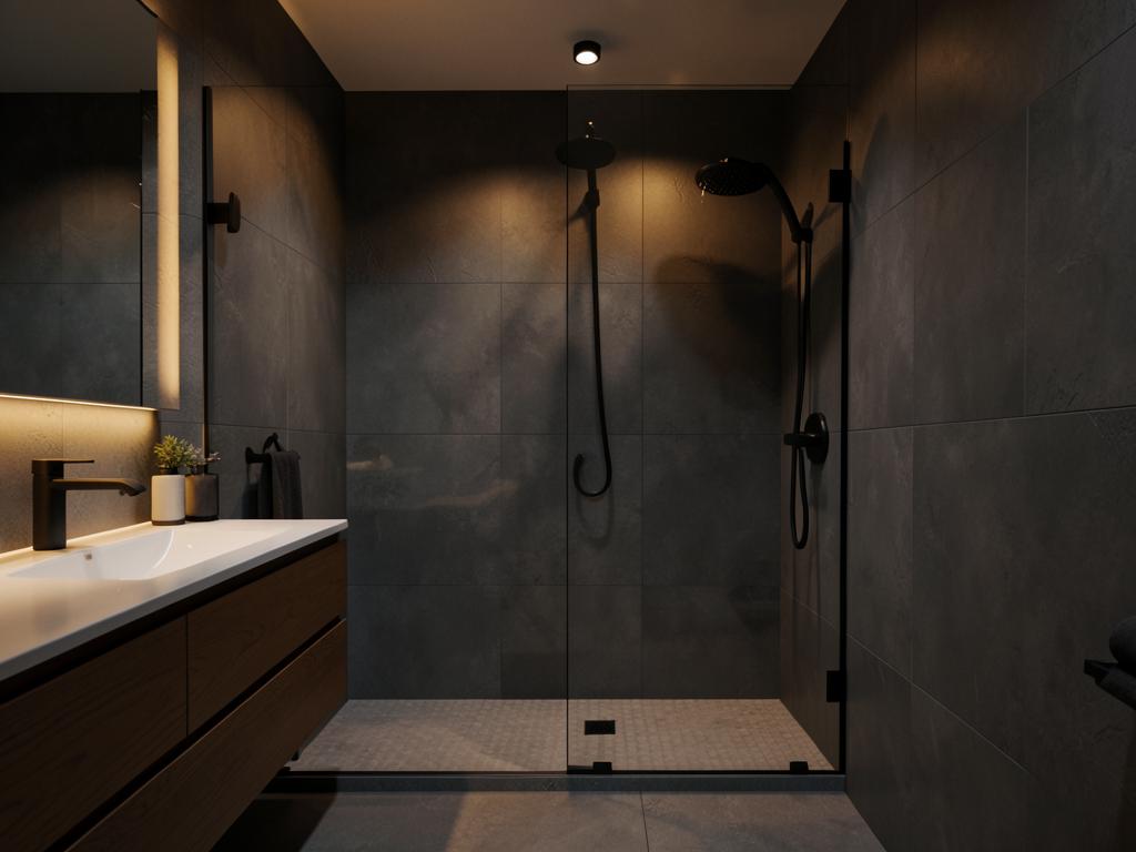 Baño renovado con ducha a ras de suelo y accesorios negros